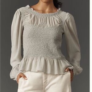 Smocked Peplum Balloon-Sleeve Blouse by Anthropologie